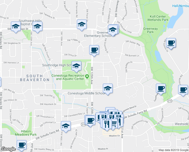 map of restaurants, bars, coffee shops, grocery stores, and more near 12475 Southwest Conestoga Drive in Beaverton