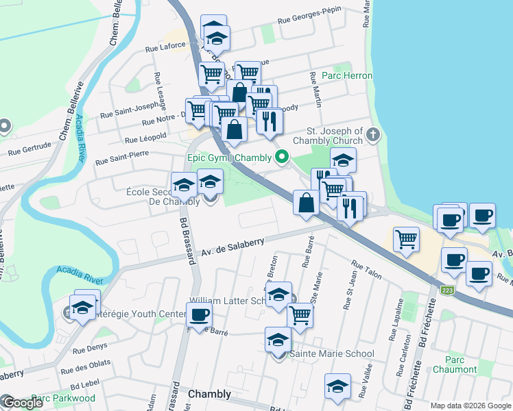 map of restaurants, bars, coffee shops, grocery stores, and more near 957 Rue Mongeon in Chambly