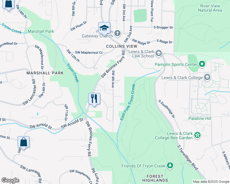 map of restaurants, bars, coffee shops, grocery stores, and more near 10625 Southwest 4th Avenue in Portland