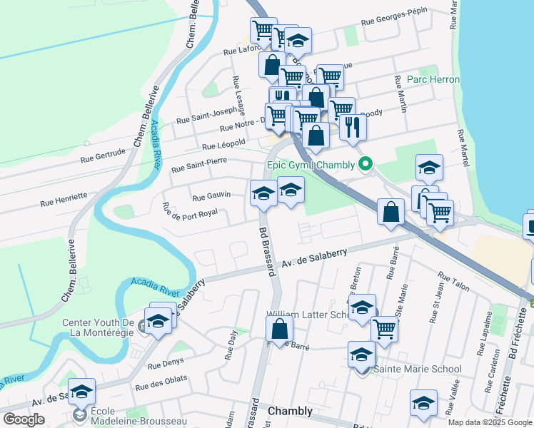 map of restaurants, bars, coffee shops, grocery stores, and more near 535 Boulevard Brassard in Chambly