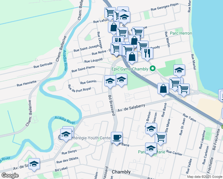 map of restaurants, bars, coffee shops, grocery stores, and more near 535 Boulevard Brassard in Chambly