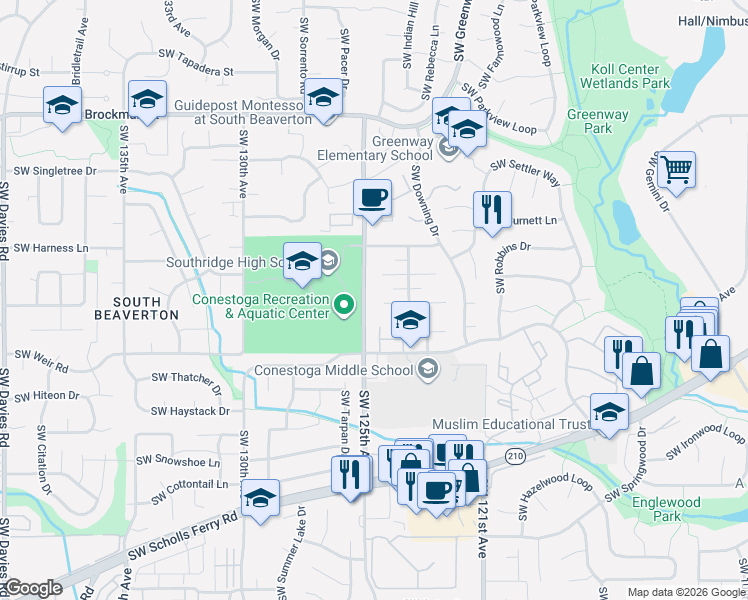 map of restaurants, bars, coffee shops, grocery stores, and more near 12475 Southwest Conestoga Drive in Beaverton