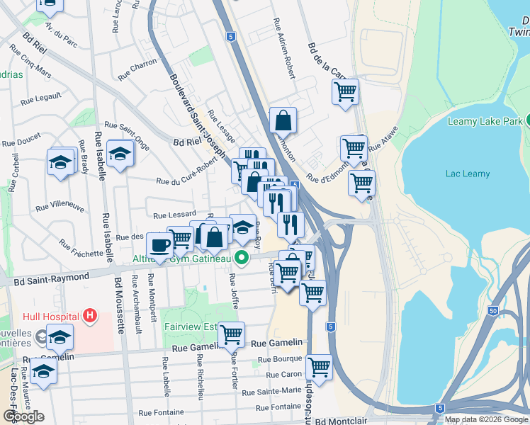 map of restaurants, bars, coffee shops, grocery stores, and more near 555 Boulevard Saint-Joseph in Gatineau