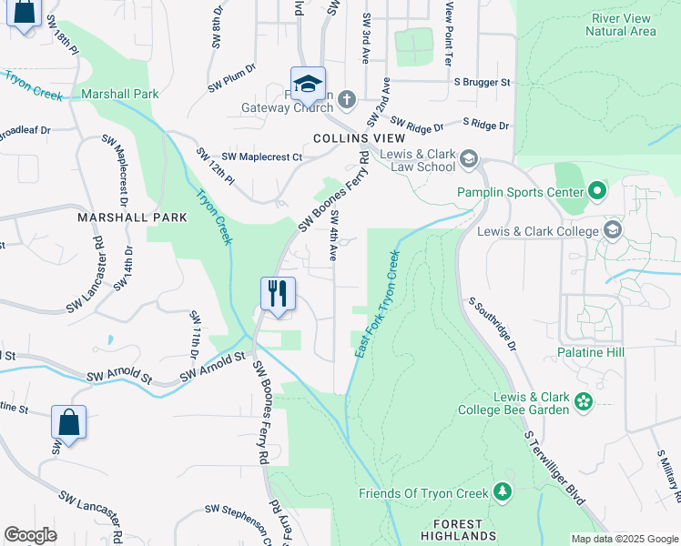 map of restaurants, bars, coffee shops, grocery stores, and more near 10625 Southwest 4th Avenue in Portland