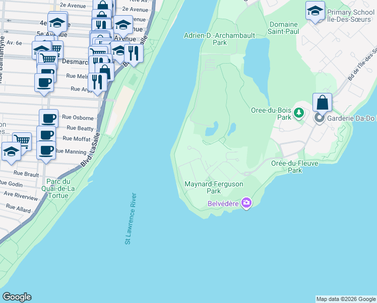 map of restaurants, bars, coffee shops, grocery stores, and more near 100 Rue André Prévost in Montréal