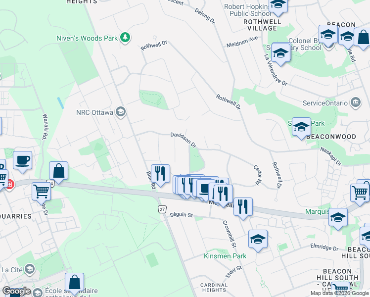 map of restaurants, bars, coffee shops, grocery stores, and more near 27 Davidson Drive in Ottawa