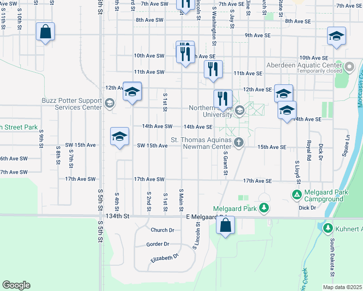 map of restaurants, bars, coffee shops, grocery stores, and more near 1498 South Main Street in Aberdeen