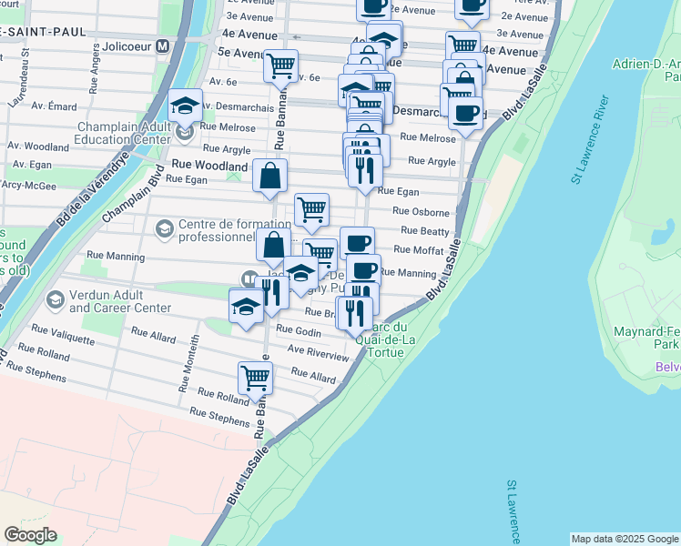 map of restaurants, bars, coffee shops, grocery stores, and more near 644 Rue Manning in Montréal