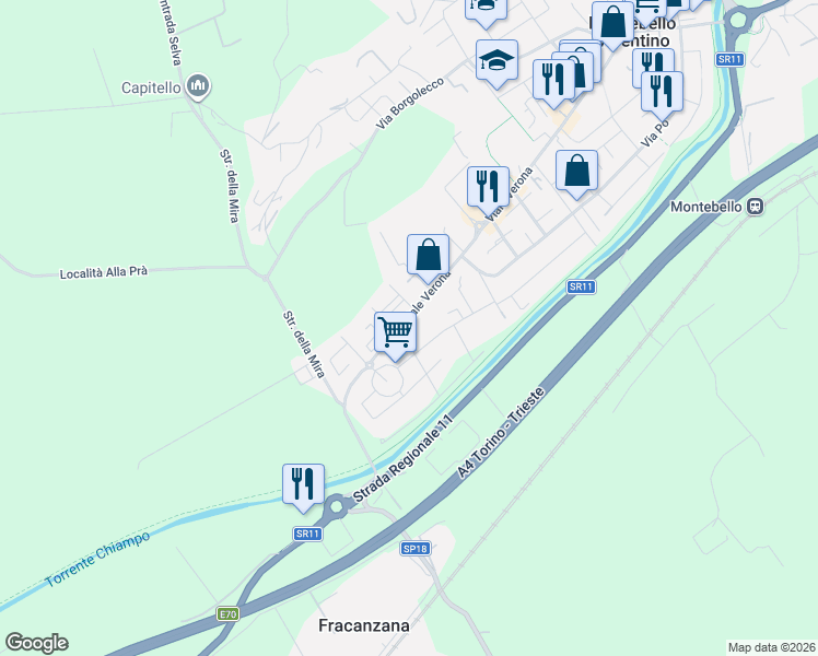 map of restaurants, bars, coffee shops, grocery stores, and more near 8-10 Viale Verona in Montebello Vicentino