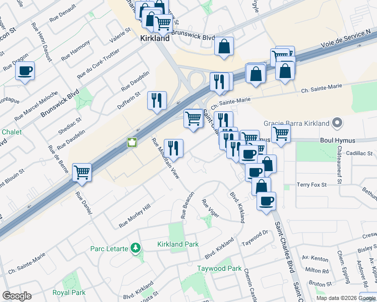 map of restaurants, bars, coffee shops, grocery stores, and more near 17000 Chemin Sainte Marie in Kirkland