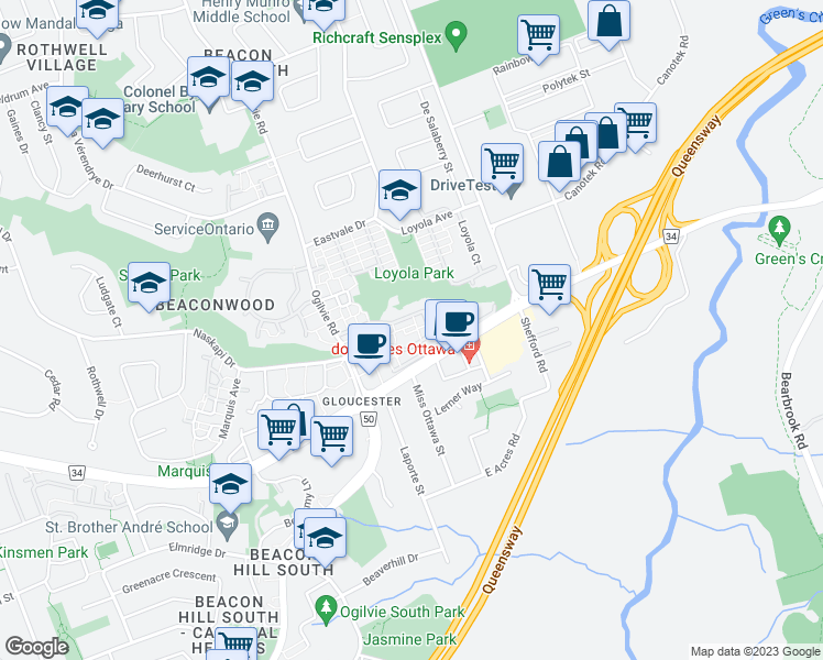 map of restaurants, bars, coffee shops, grocery stores, and more near Unnamed Road in Ottawa