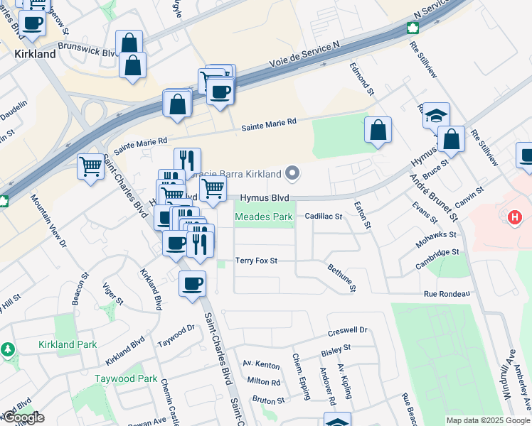 map of restaurants, bars, coffee shops, grocery stores, and more near 16867 Boulevard Hymus in Kirkland