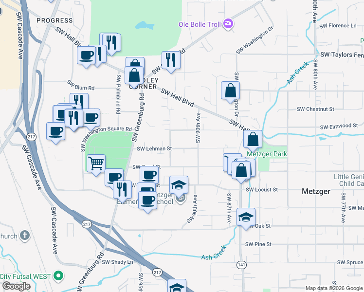 map of restaurants, bars, coffee shops, grocery stores, and more near 9120 Southwest Borders Street in Tigard