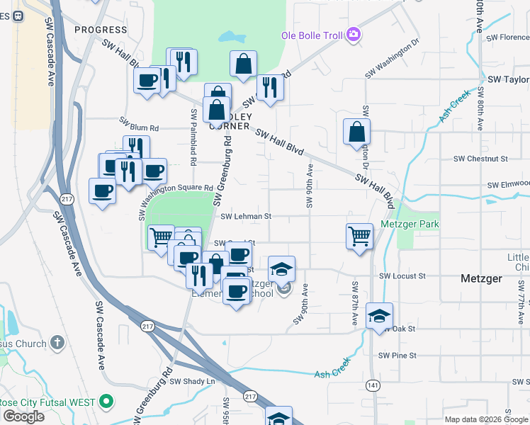 map of restaurants, bars, coffee shops, grocery stores, and more near 9665 Southwest 92nd Avenue in Portland