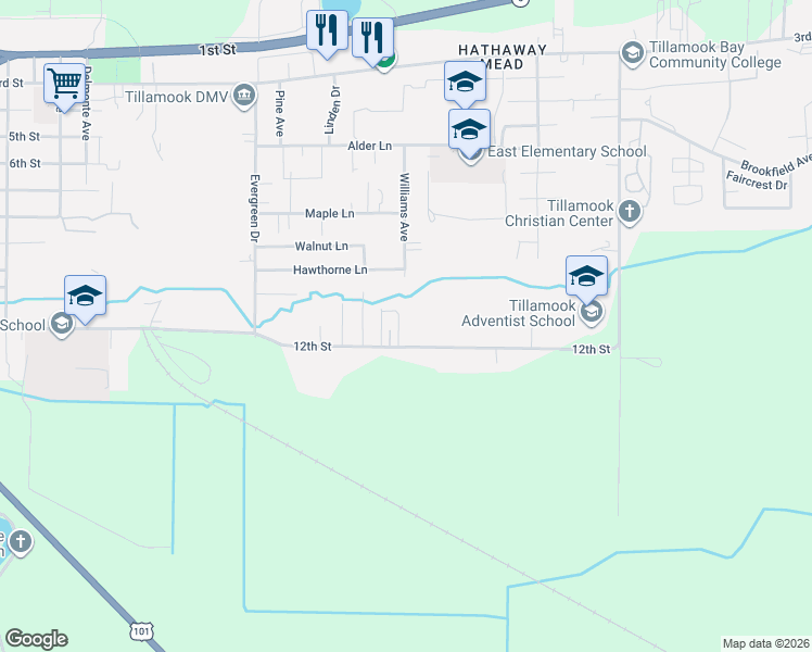 map of restaurants, bars, coffee shops, grocery stores, and more near 3804 12th Street in Tillamook