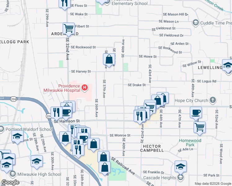 map of restaurants, bars, coffee shops, grocery stores, and more near 3806 Southeast Drake Street in Milwaukie