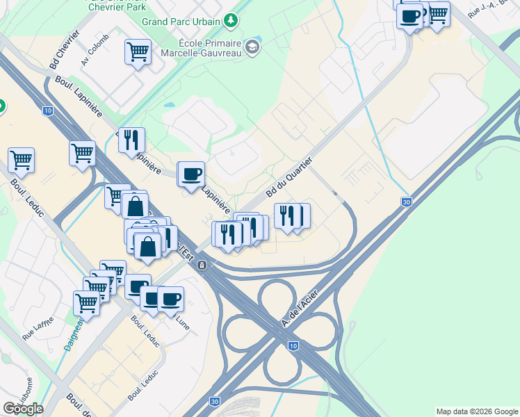 map of restaurants, bars, coffee shops, grocery stores, and more near 700 Rue des Éclaircies in Brossard