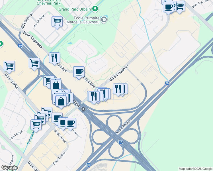 map of restaurants, bars, coffee shops, grocery stores, and more near 5505 Boulevard du Quartier in Brossard