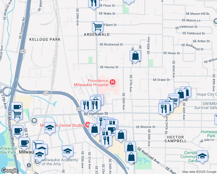 map of restaurants, bars, coffee shops, grocery stores, and more near 10150 Southeast 32nd Avenue in Milwaukie