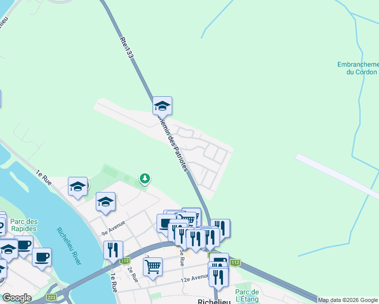 map of restaurants, bars, coffee shops, grocery stores, and more near 50 Chemin des Patriotes in Montérégie