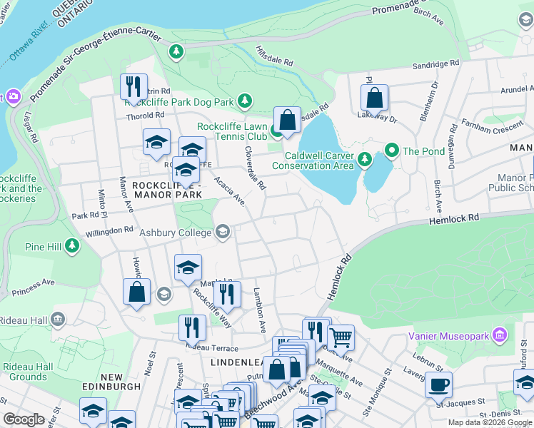 map of restaurants, bars, coffee shops, grocery stores, and more near 202 Cloverdale Road in Ottawa