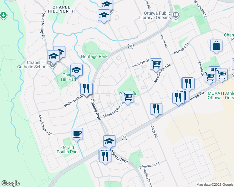 map of restaurants, bars, coffee shops, grocery stores, and more near 1992 Summerfields Crescent in Ottawa