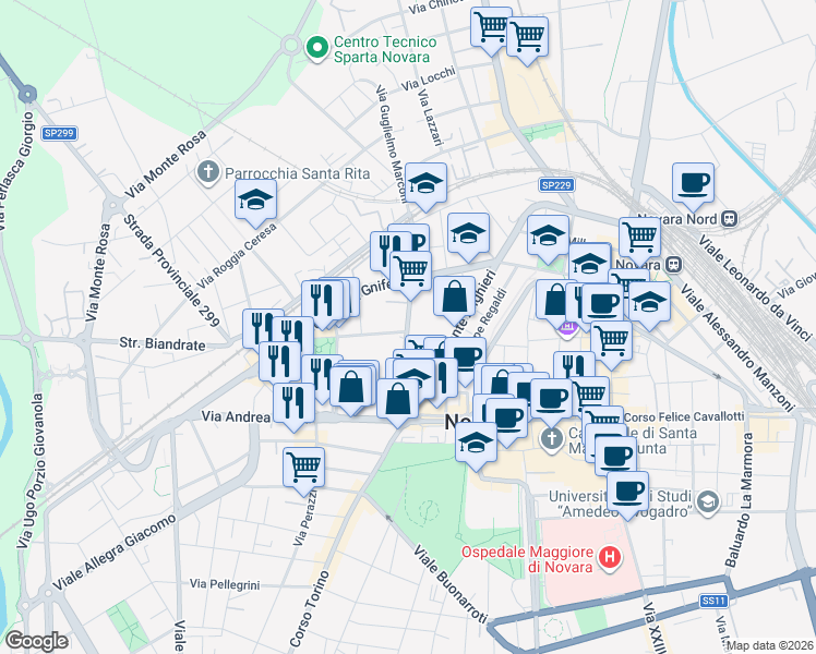map of restaurants, bars, coffee shops, grocery stores, and more near 14 Via Guglielmo Marconi in Novara