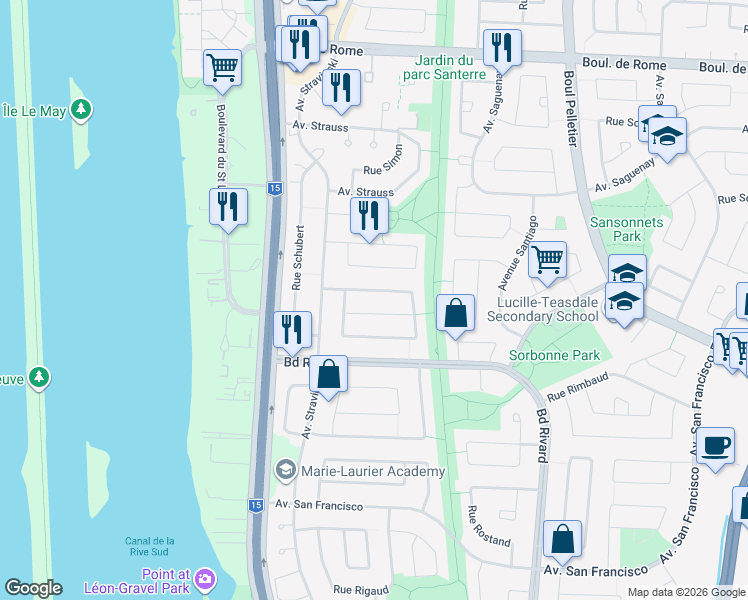 map of restaurants, bars, coffee shops, grocery stores, and more near 1120 Croissant Sabourin in Brossard