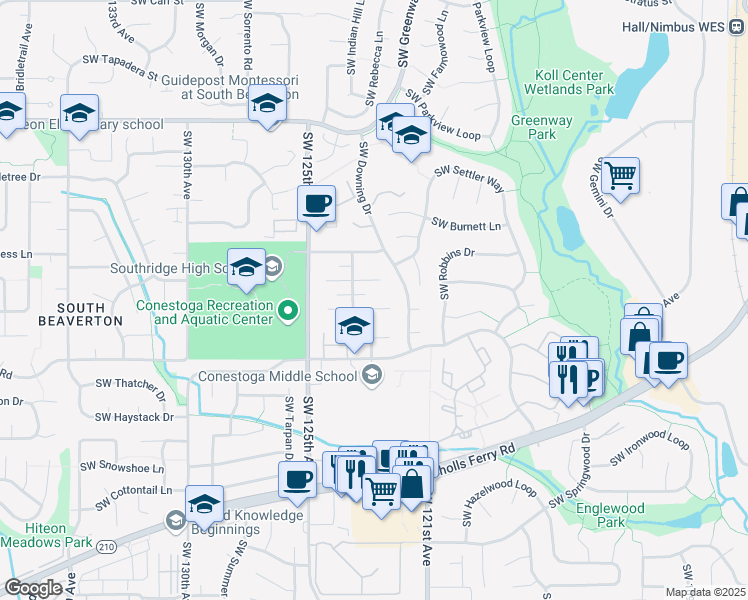 map of restaurants, bars, coffee shops, grocery stores, and more near 12180 Southwest Calico Court in Beaverton