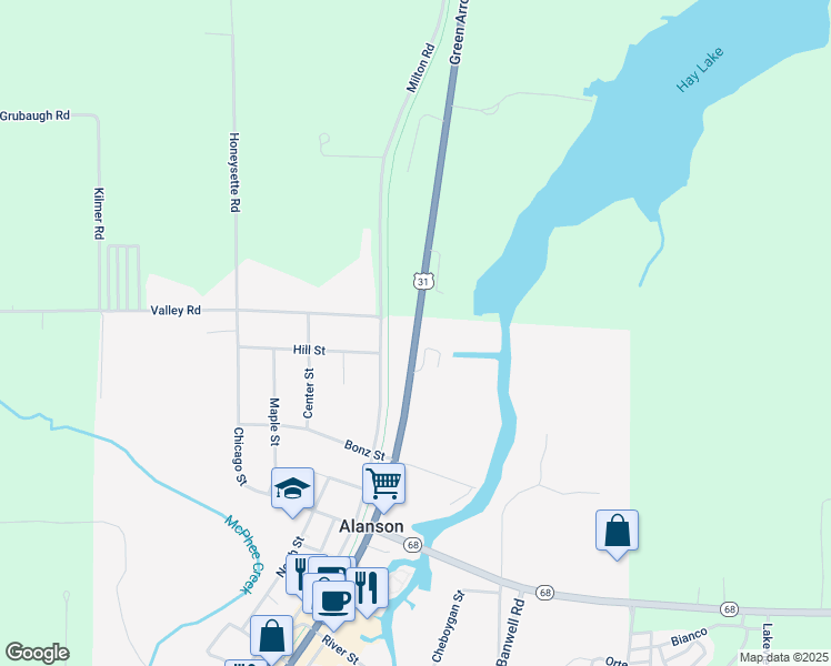 map of restaurants, bars, coffee shops, grocery stores, and more near 6999 U.S. 31 in Alanson