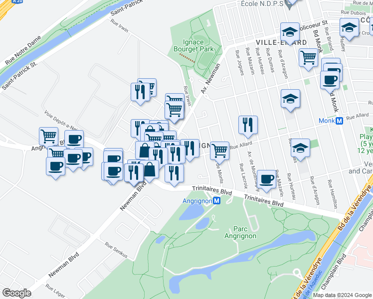 map of restaurants, bars, coffee shops, grocery stores, and more near in Montréal