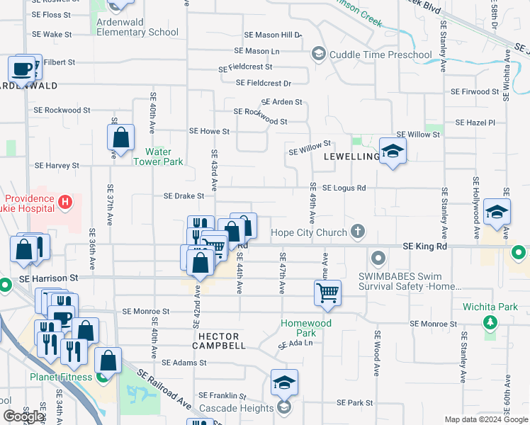 map of restaurants, bars, coffee shops, grocery stores, and more near 4567 Southeast White Lake Road in Milwaukie