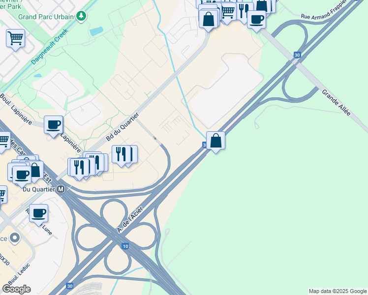 map of restaurants, bars, coffee shops, grocery stores, and more near 9975 Rue de Châteauneuf in Brossard