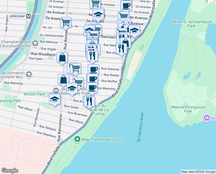 map of restaurants, bars, coffee shops, grocery stores, and more near 337 Rue Manning in Montréal