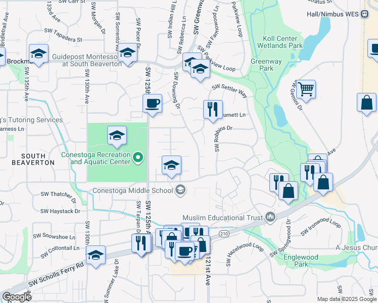 map of restaurants, bars, coffee shops, grocery stores, and more near 12180 Southwest Calico Court in Beaverton