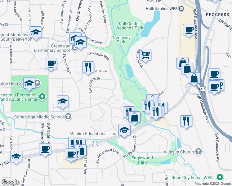 map of restaurants, bars, coffee shops, grocery stores, and more near 11555 Southwest Settler Way in Beaverton