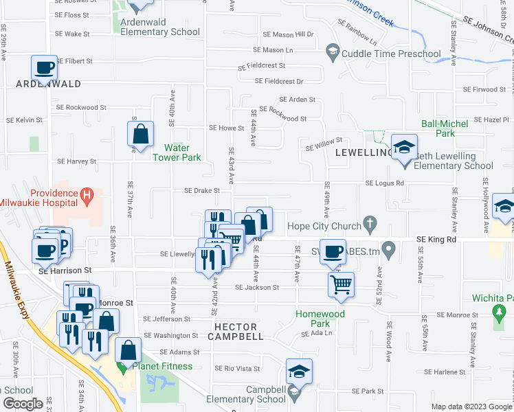 map of restaurants, bars, coffee shops, grocery stores, and more near 4471 Southeast White Lake Road in Milwaukie