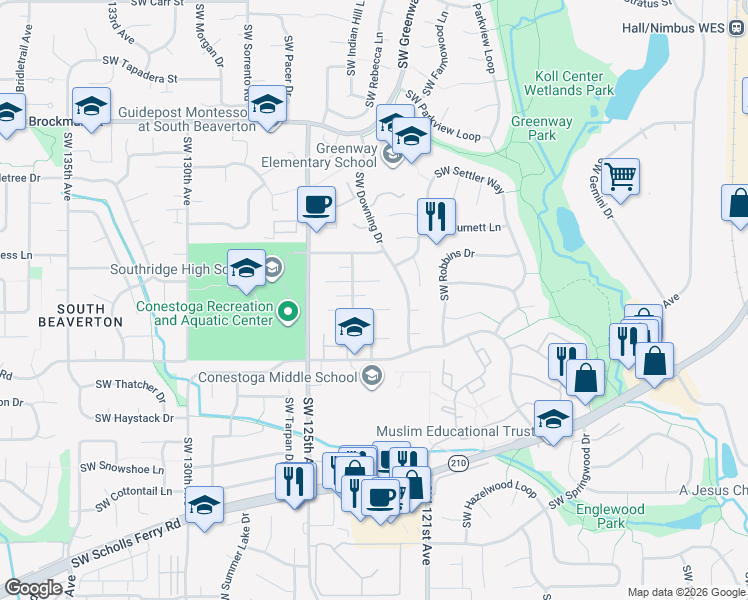 map of restaurants, bars, coffee shops, grocery stores, and more near 12180 Southwest Calico Court in Beaverton