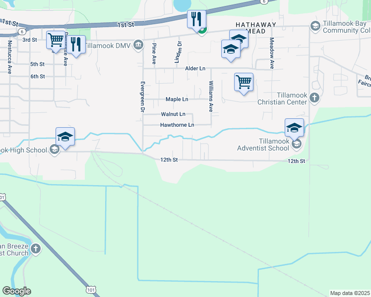 map of restaurants, bars, coffee shops, grocery stores, and more near 3666 12th Street in Tillamook