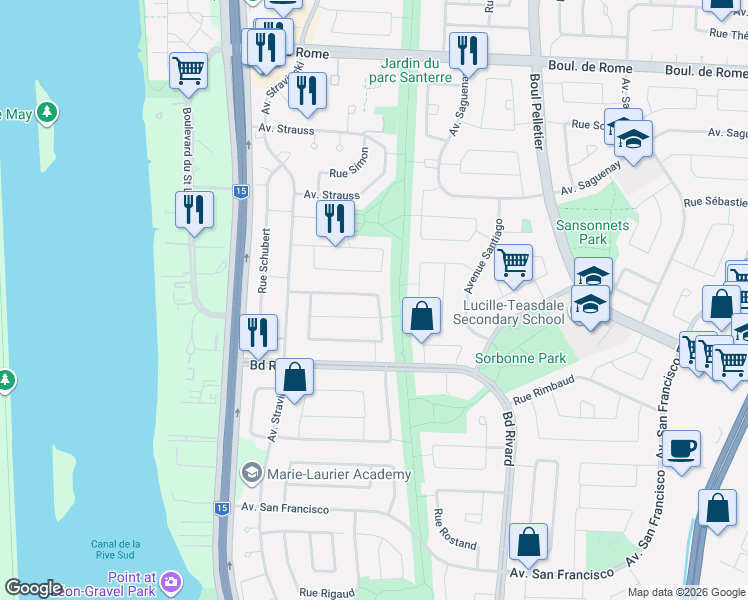 map of restaurants, bars, coffee shops, grocery stores, and more near 1060 Croissant Sabourin in Brossard