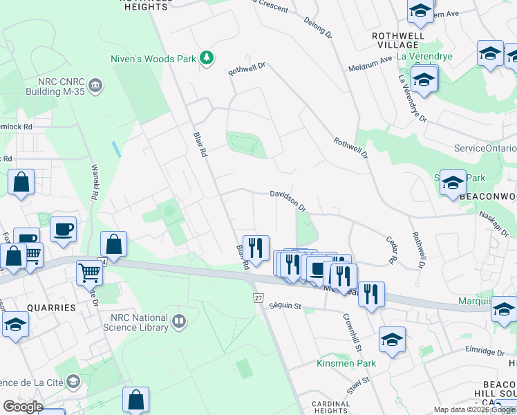 map of restaurants, bars, coffee shops, grocery stores, and more near 5 Amberly Place in Ottawa