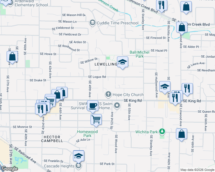 map of restaurants, bars, coffee shops, grocery stores, and more near 5133 Southeast Mullan Street in Milwaukie