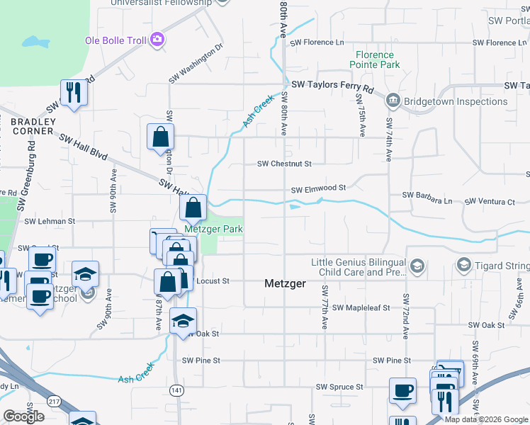 map of restaurants, bars, coffee shops, grocery stores, and more near 8020 Southwest Elmwood Street in Portland