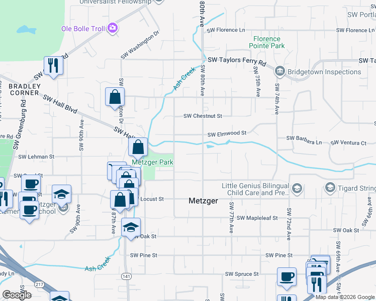 map of restaurants, bars, coffee shops, grocery stores, and more near 8020 Southwest Elmwood Street in Portland