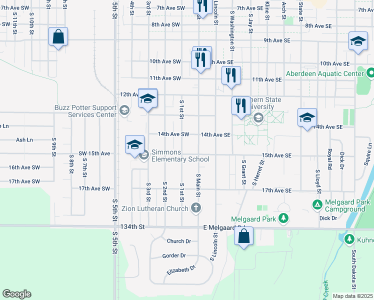 map of restaurants, bars, coffee shops, grocery stores, and more near 1400-1498 South Main Street in Aberdeen