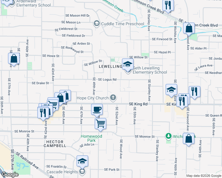 map of restaurants, bars, coffee shops, grocery stores, and more near 5121 Southeast Mullan Street in Milwaukie