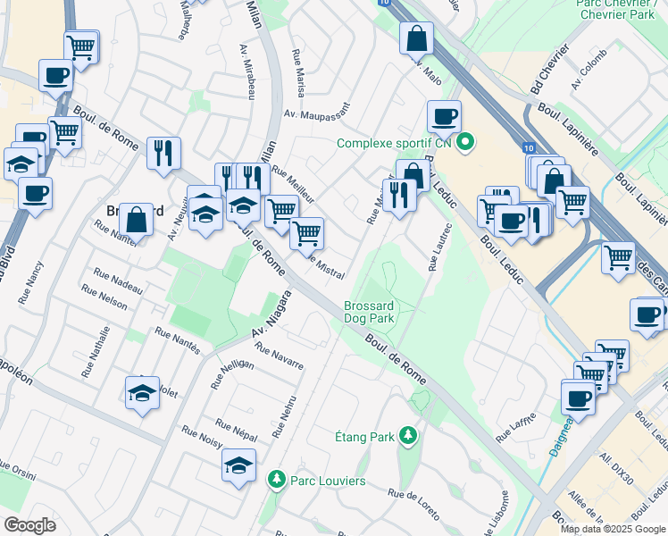 map of restaurants, bars, coffee shops, grocery stores, and more near 3313 Rue Mistral in Brossard