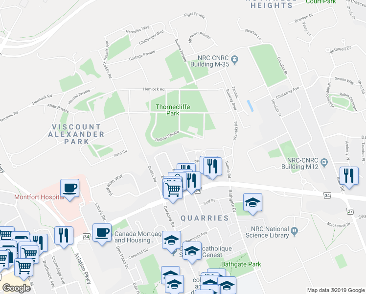 map of restaurants, bars, coffee shops, grocery stores, and more near 211 Provender Avenue in Ottawa