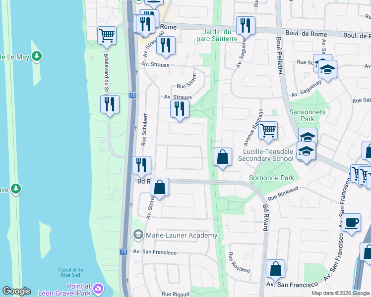 map of restaurants, bars, coffee shops, grocery stores, and more near 1120 Croissant Sabourin in Brossard