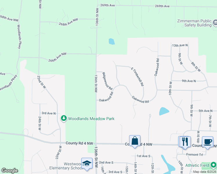 map of restaurants, bars, coffee shops, grocery stores, and more near 26437 Ridgewood Road in Zimmerman